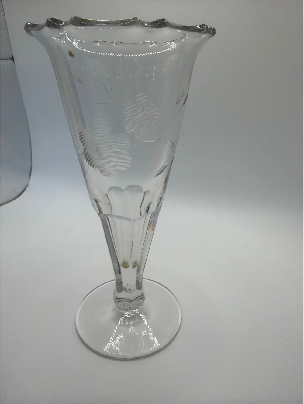 Vintage Clear Etched Glass Table Vase with Floral Design